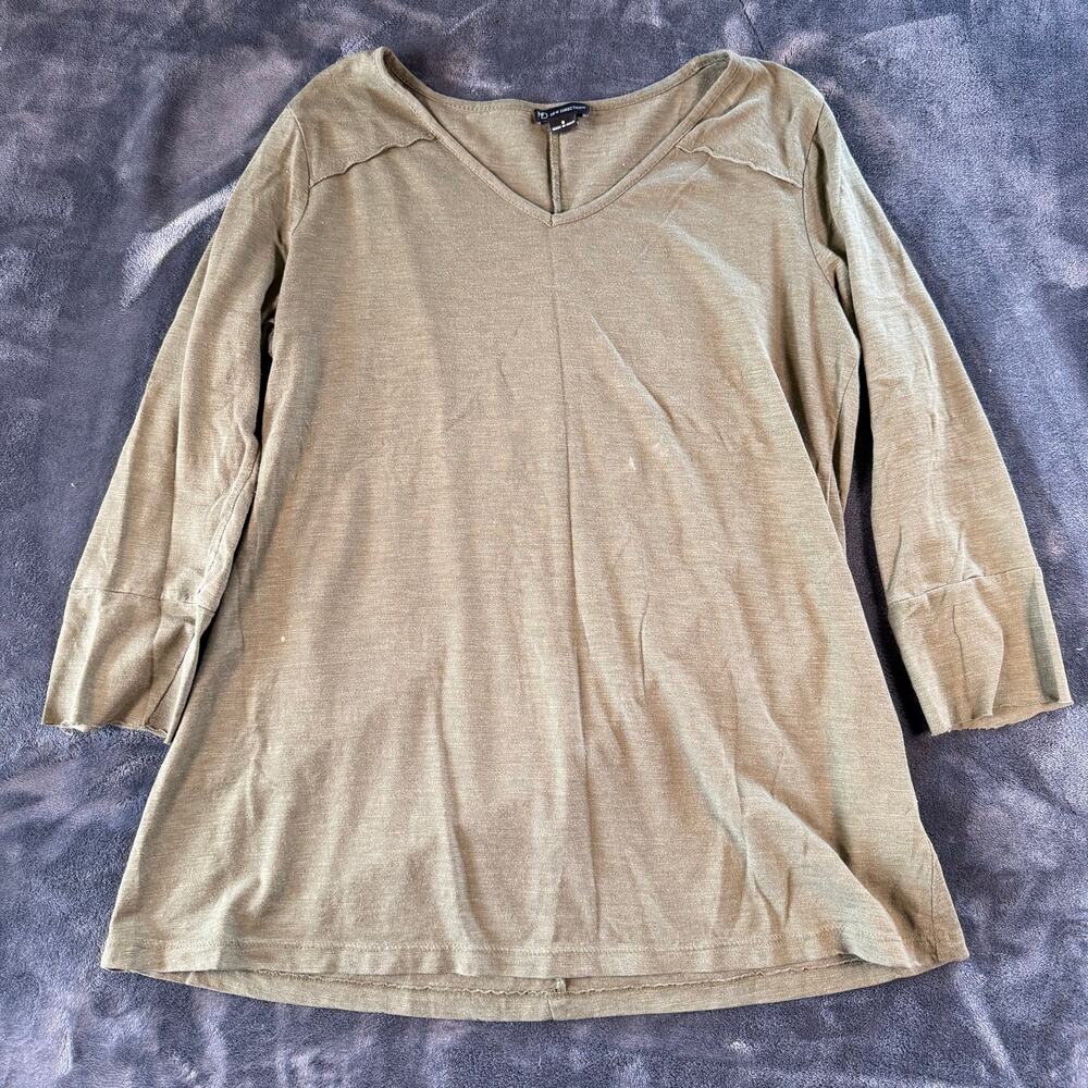 New Directions Womens Small Olive Green Slub Knit 3/4 Sleeve V Neck Top